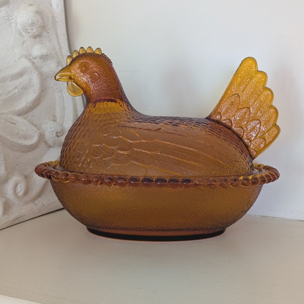 Vintage Indiana Amber Glass Hen on Nest 7" Covered Candy Dish
